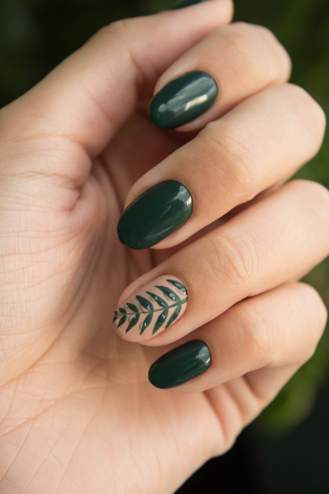 Nails with Dark Green Nail Decals