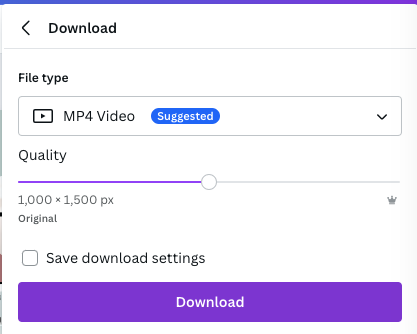 Canva download design screenshot with MP4 video file type selected