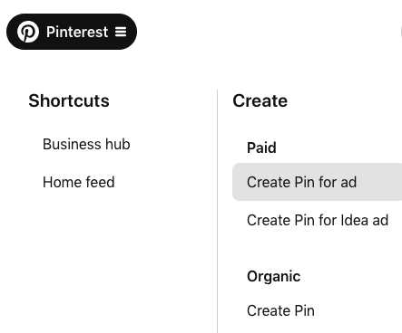 Pinterest menu screenshot for creating a pin