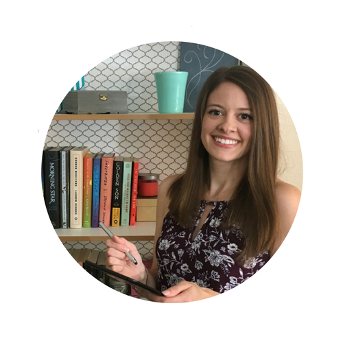 Image of Taylor, a brown-haired woman holding an iPad in front of a bookshelf